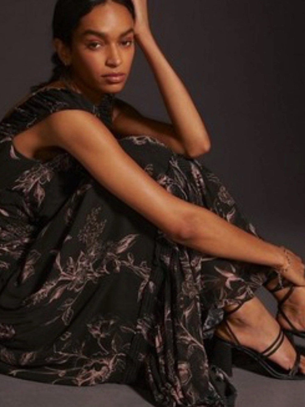 Anthropologie Black Maxi Dress with Pink Floral Print
